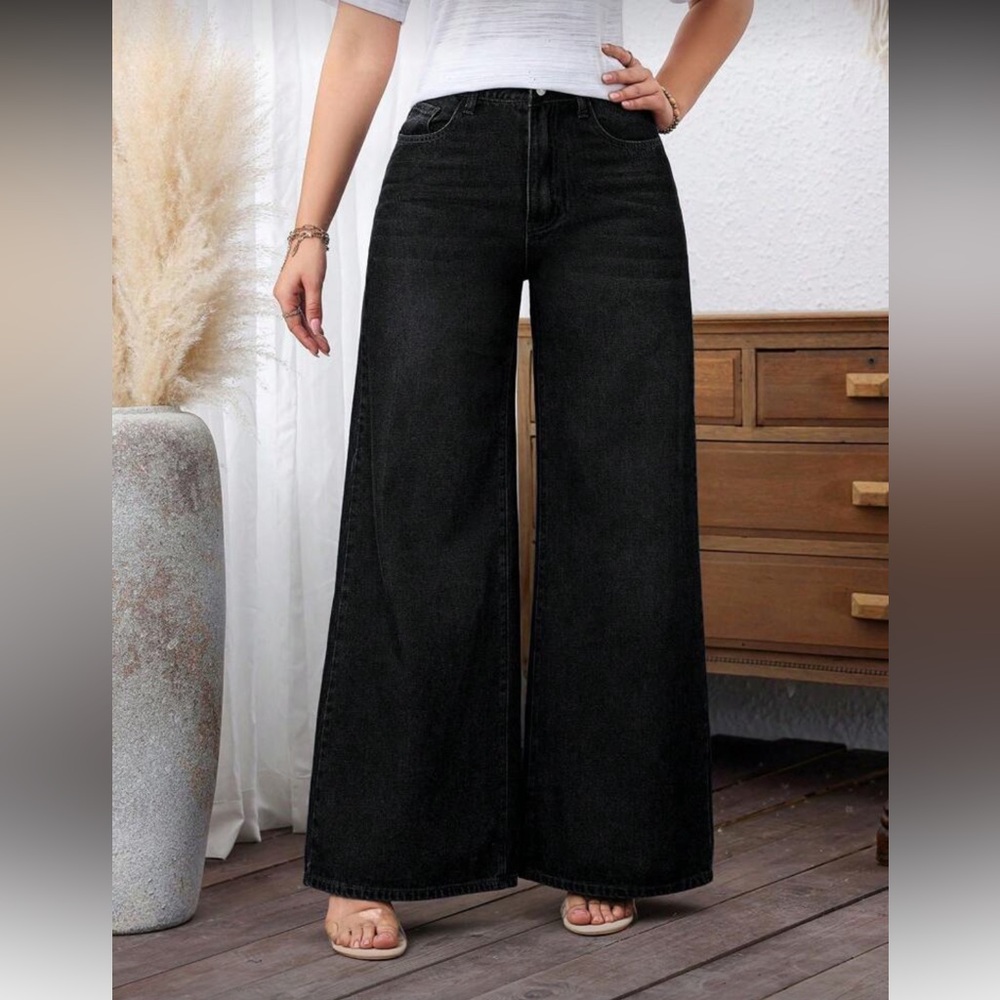 Women's Black Denim Wide-Leg Pants Jeans - Picture 3 of 7